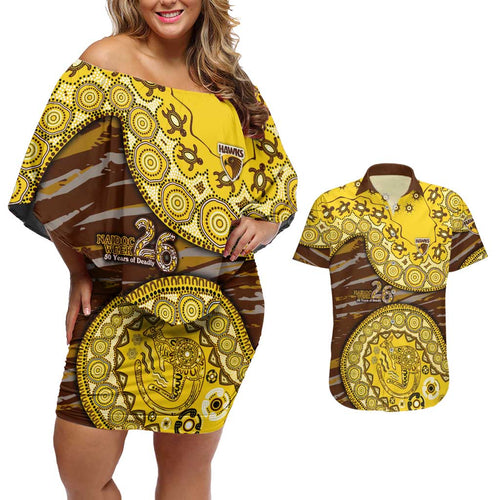 Hawthorn Hawks NAIDOC Week 2026 Couples Matching Off Shoulder Short Dress and Hawaiian Shirt Australian Aboriginal Dot Art Dreamtime Pattern Style