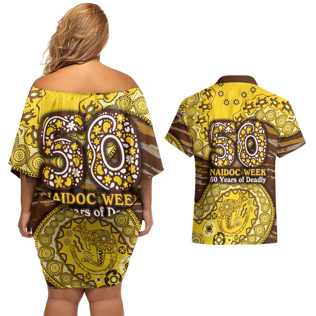 Hawthorn Hawks NAIDOC Week 2026 Couples Matching Off Shoulder Short Dress and Hawaiian Shirt Australian Aboriginal Dot Art Dreamtime Pattern Style