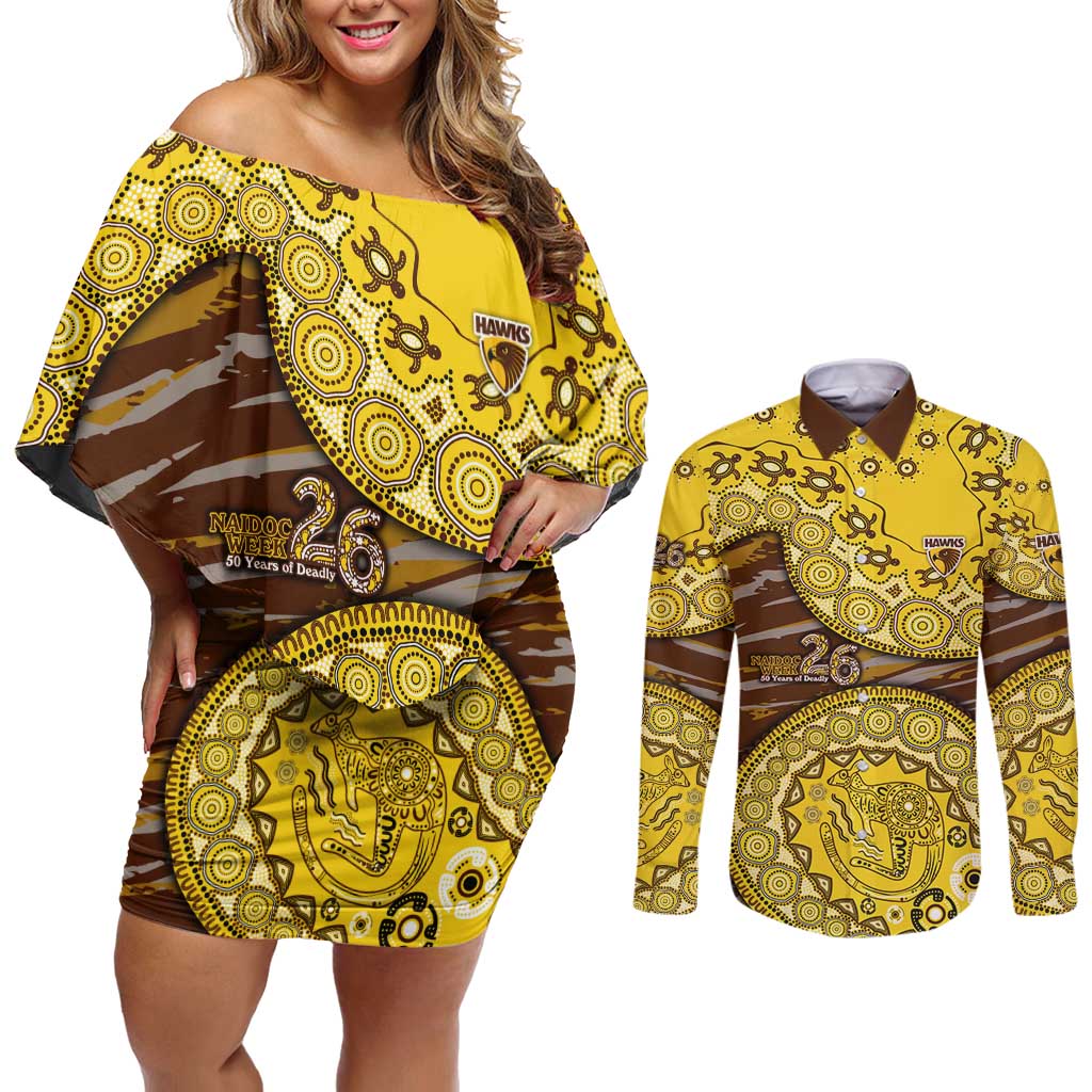 Hawthorn Hawks NAIDOC Week 2026 Couples Matching Off Shoulder Short Dress and Long Sleeve Button Shirt Australian Aboriginal Dot Art Dreamtime Pattern Style