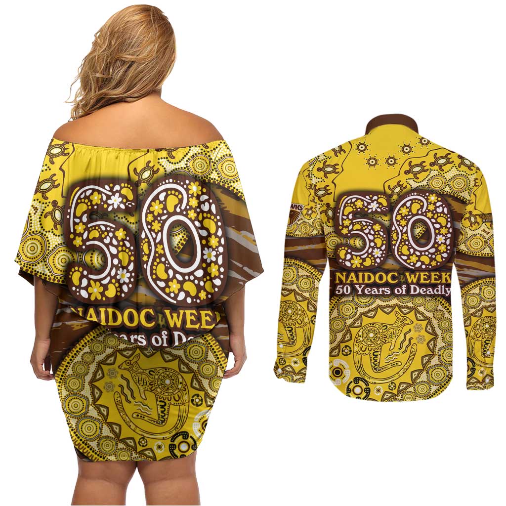 Hawthorn Hawks NAIDOC Week 2026 Couples Matching Off Shoulder Short Dress and Long Sleeve Button Shirt Australian Aboriginal Dot Art Dreamtime Pattern Style