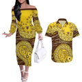Hawthorn Hawks NAIDOC Week 2026 Couples Matching Off The Shoulder Long Sleeve Dress and Hawaiian Shirt Australian Aboriginal Dot Art Dreamtime Pattern Style