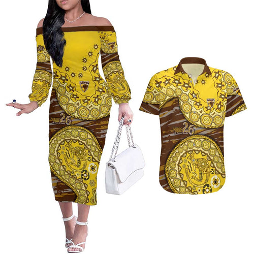 Hawthorn Hawks NAIDOC Week 2026 Couples Matching Off The Shoulder Long Sleeve Dress and Hawaiian Shirt Australian Aboriginal Dot Art Dreamtime Pattern Style