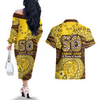 Hawthorn Hawks NAIDOC Week 2026 Couples Matching Off The Shoulder Long Sleeve Dress and Hawaiian Shirt Australian Aboriginal Dot Art Dreamtime Pattern Style