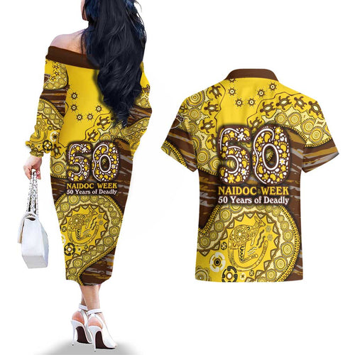 Hawthorn Hawks NAIDOC Week 2026 Couples Matching Off The Shoulder Long Sleeve Dress and Hawaiian Shirt Australian Aboriginal Dot Art Dreamtime Pattern Style