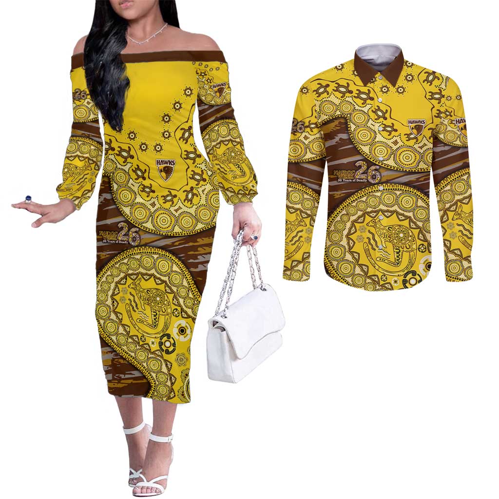 Hawthorn Hawks NAIDOC Week 2026 Couples Matching Off The Shoulder Long Sleeve Dress and Long Sleeve Button Shirt Australian Aboriginal Dot Art Dreamtime Pattern Style