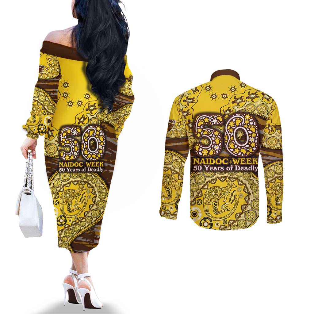 Hawthorn Hawks NAIDOC Week 2026 Couples Matching Off The Shoulder Long Sleeve Dress and Long Sleeve Button Shirt Australian Aboriginal Dot Art Dreamtime Pattern Style