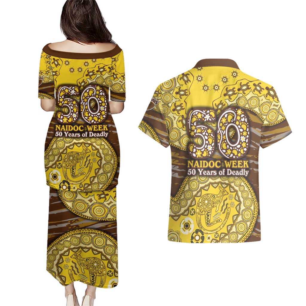 Hawthorn Hawks NAIDOC Week 2026 Couples Matching Puletasi and Hawaiian Shirt Australian Aboriginal Dot Art Dreamtime Pattern Style