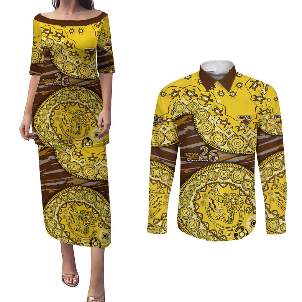 Hawthorn Hawks NAIDOC Week 2026 Couples Matching Puletasi and Long Sleeve Button Shirt Australian Aboriginal Dot Art Dreamtime Pattern Style