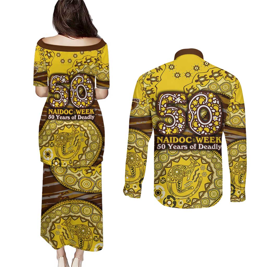 Hawthorn Hawks NAIDOC Week 2026 Couples Matching Puletasi and Long Sleeve Button Shirt Australian Aboriginal Dot Art Dreamtime Pattern Style