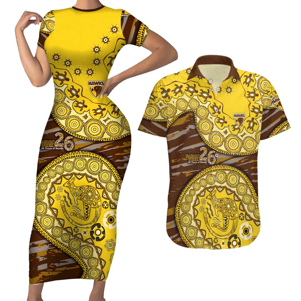 Hawthorn Hawks NAIDOC Week 2026 Couples Matching Short Sleeve Bodycon Dress and Hawaiian Shirt Australian Aboriginal Dot Art Dreamtime Pattern Style