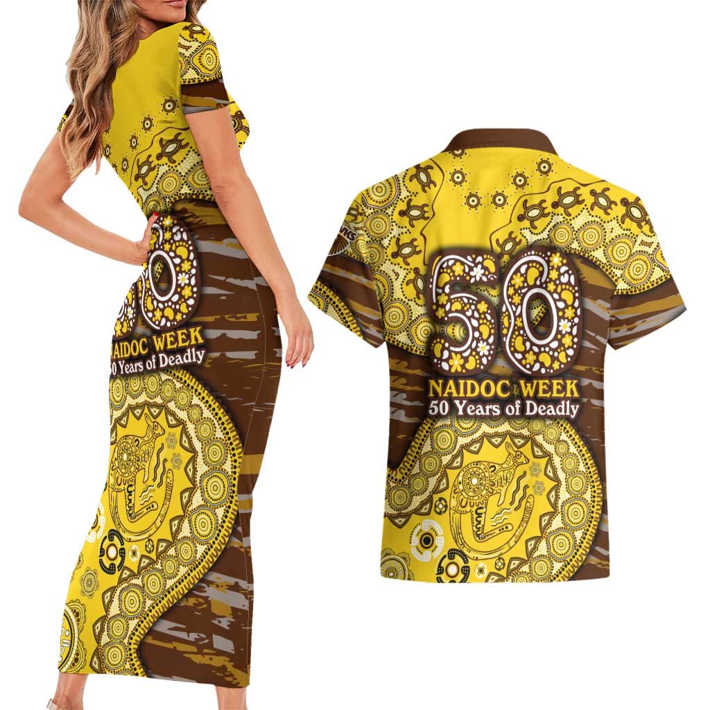 Hawthorn Hawks NAIDOC Week 2026 Couples Matching Short Sleeve Bodycon Dress and Hawaiian Shirt Australian Aboriginal Dot Art Dreamtime Pattern Style