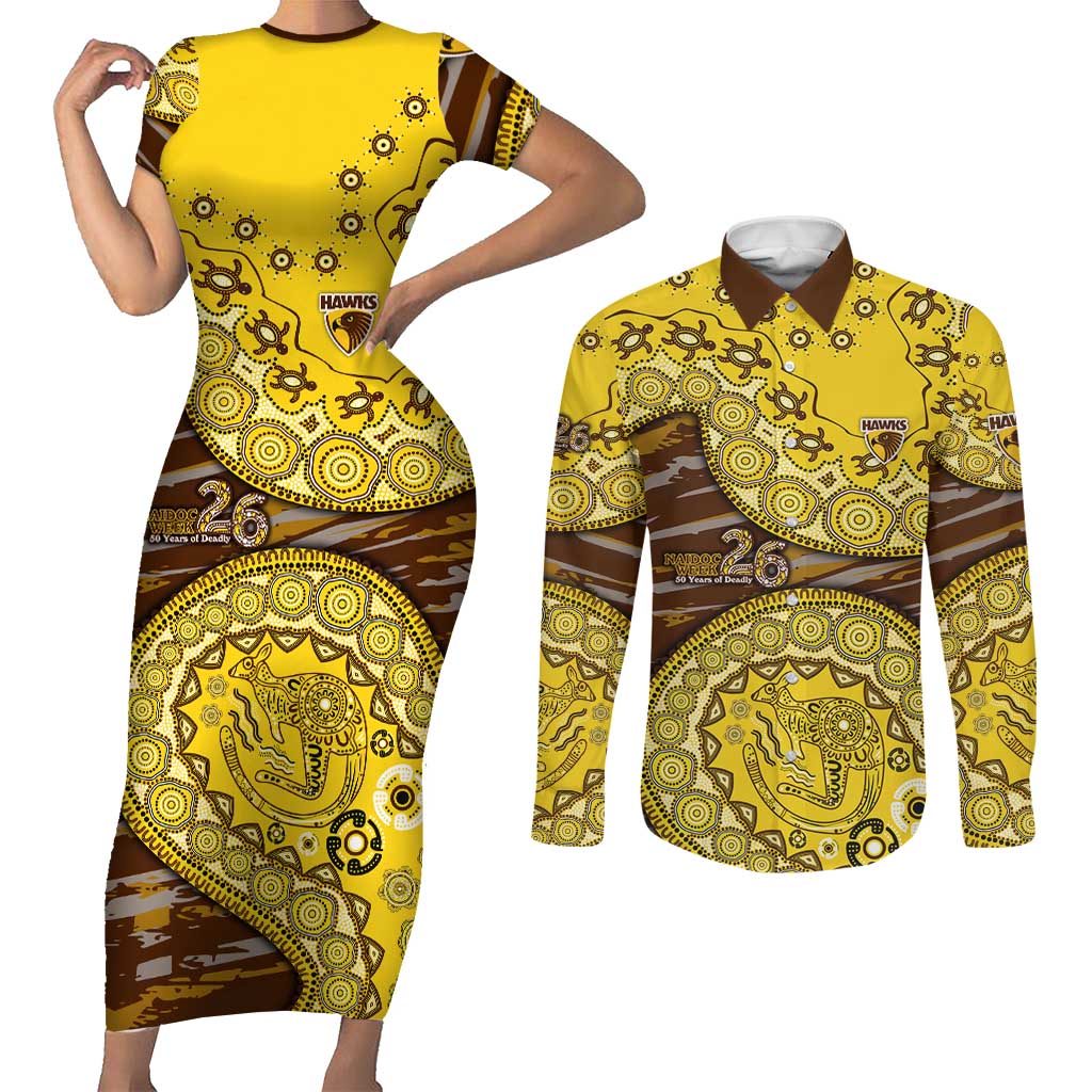 Hawthorn Hawks NAIDOC Week 2026 Couples Matching Short Sleeve Bodycon Dress and Long Sleeve Button Shirt Australian Aboriginal Dot Art Dreamtime Pattern Style