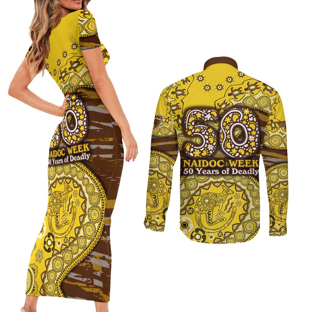 Hawthorn Hawks NAIDOC Week 2026 Couples Matching Short Sleeve Bodycon Dress and Long Sleeve Button Shirt Australian Aboriginal Dot Art Dreamtime Pattern Style