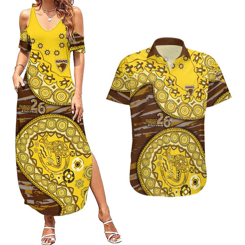 Hawthorn Hawks NAIDOC Week 2026 Couples Matching Summer Maxi Dress and Hawaiian Shirt Australian Aboriginal Dot Art Dreamtime Pattern Style