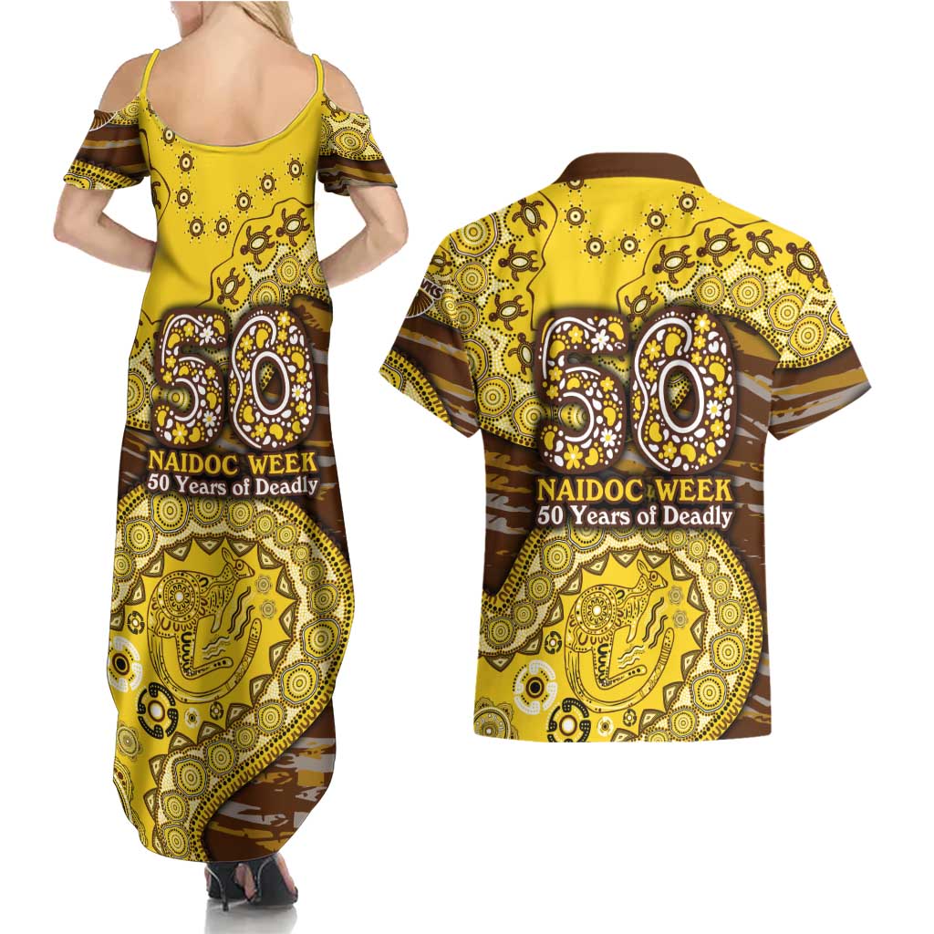 Hawthorn Hawks NAIDOC Week 2026 Couples Matching Summer Maxi Dress and Hawaiian Shirt Australian Aboriginal Dot Art Dreamtime Pattern Style