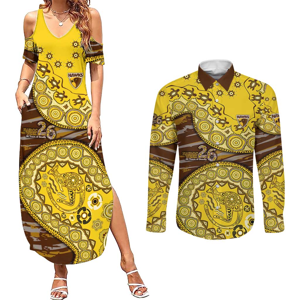 Hawthorn Hawks NAIDOC Week 2026 Couples Matching Summer Maxi Dress and Long Sleeve Button Shirt Australian Aboriginal Dot Art Dreamtime Pattern Style
