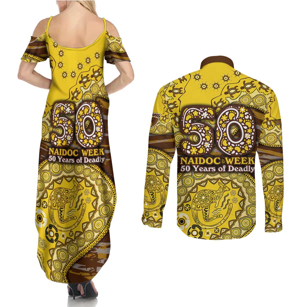 Hawthorn Hawks NAIDOC Week 2026 Couples Matching Summer Maxi Dress and Long Sleeve Button Shirt Australian Aboriginal Dot Art Dreamtime Pattern Style