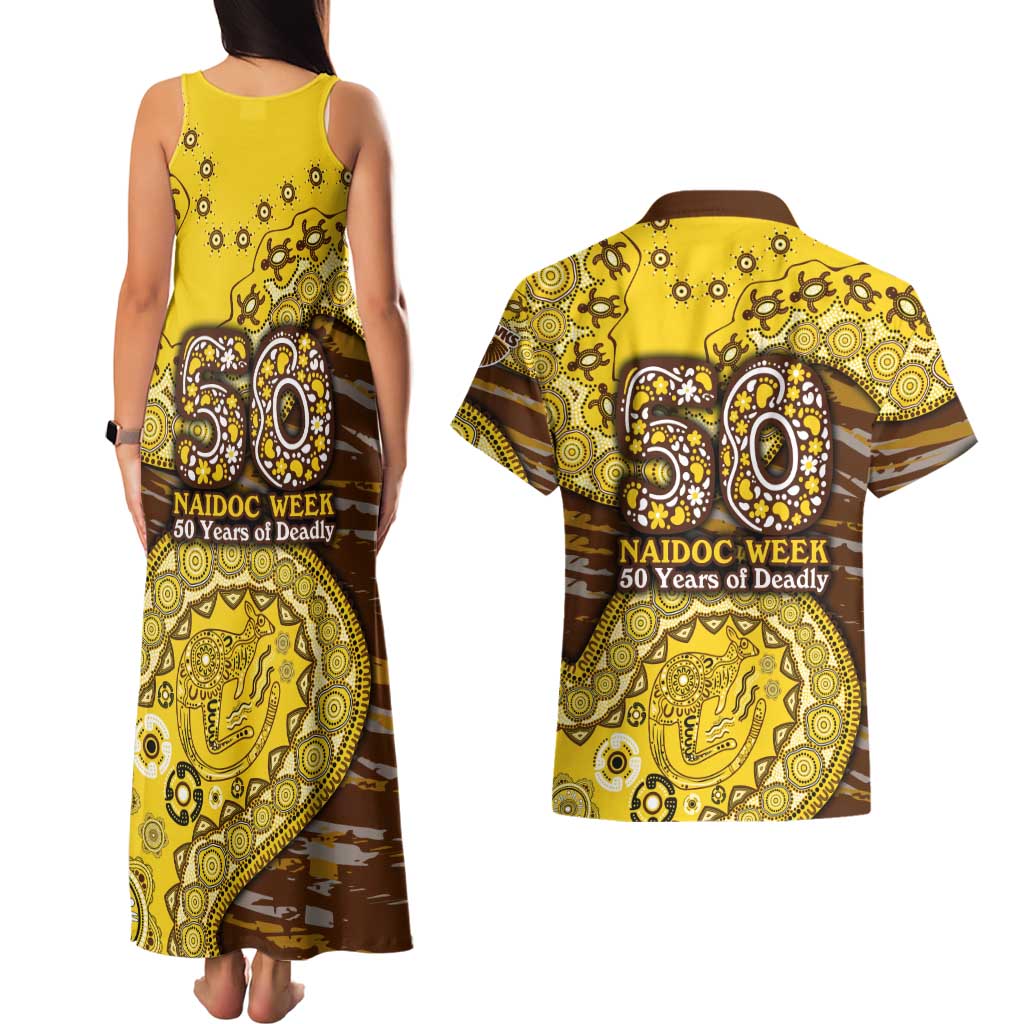 Hawthorn Hawks NAIDOC Week 2026 Couples Matching Tank Maxi Dress and Hawaiian Shirt Australian Aboriginal Dot Art Dreamtime Pattern Style