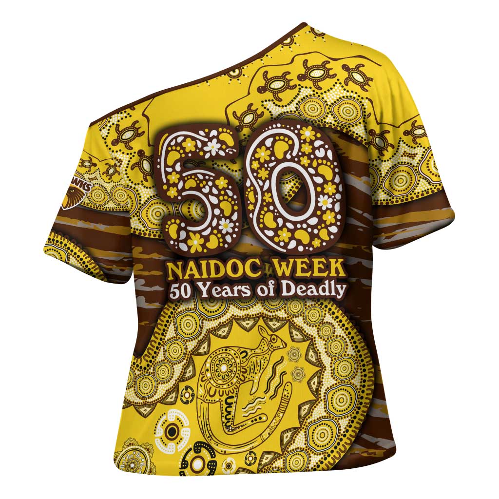 Hawthorn Hawks NAIDOC Week 2026 Cross Shoulder Shirt Australian Aboriginal Dot Art Dreamtime Pattern Style