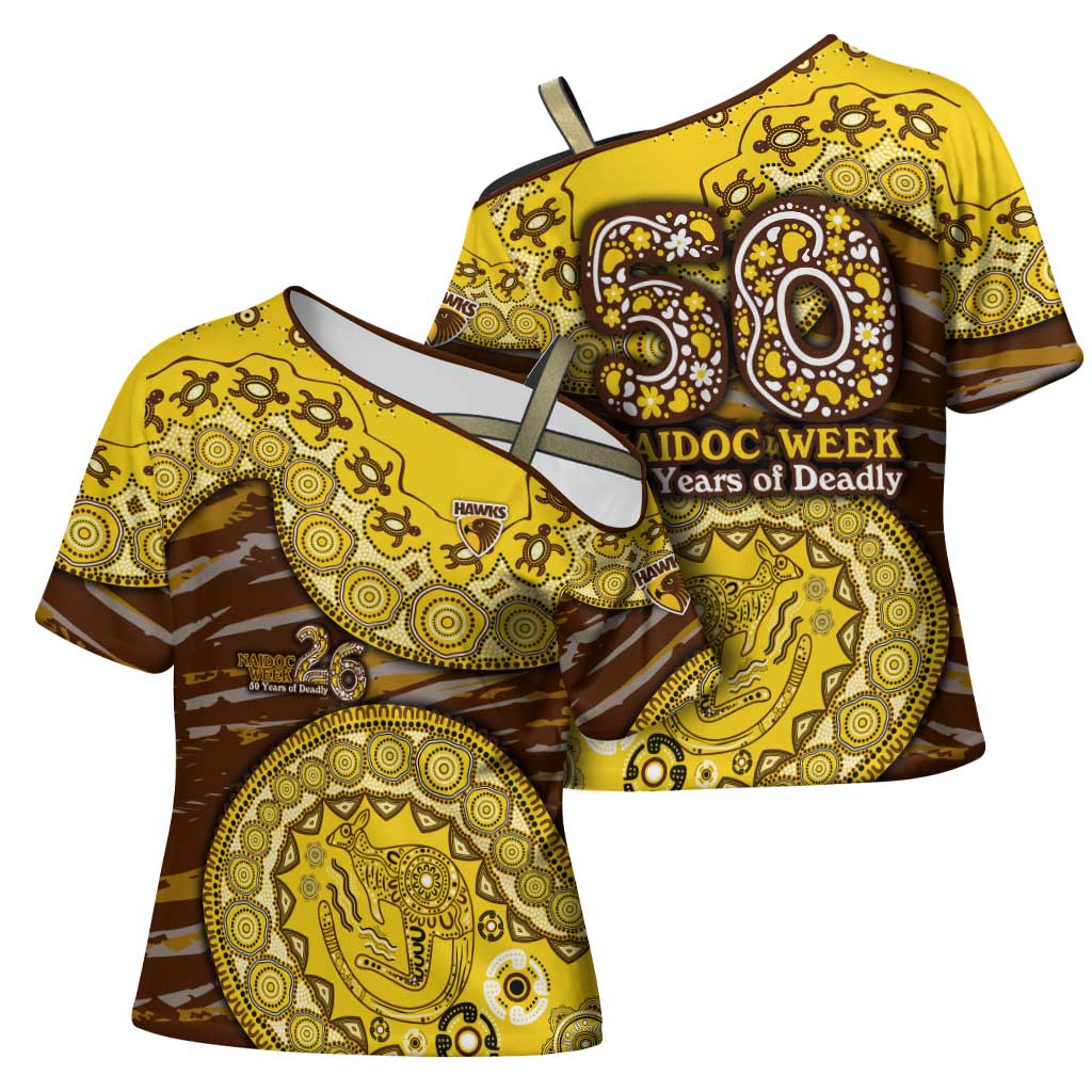 Hawthorn Hawks NAIDOC Week 2026 Cross Shoulder Shirt Australian Aboriginal Dot Art Dreamtime Pattern Style