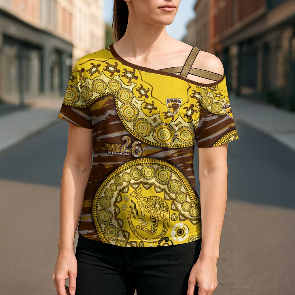 Hawthorn Hawks NAIDOC Week 2026 Cross Shoulder Shirt Australian Aboriginal Dot Art Dreamtime Pattern Style