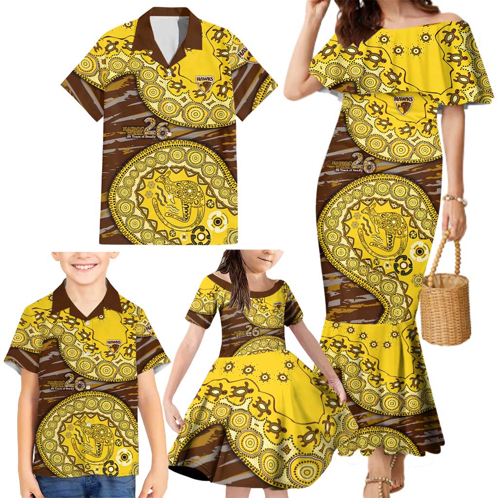 Hawthorn Hawks NAIDOC Week 2026 Family Matching Mermaid Dress and Hawaiian Shirt Australian Aboriginal Dot Art Dreamtime Pattern Style