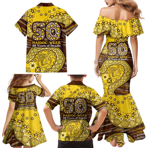 Hawthorn Hawks NAIDOC Week 2026 Family Matching Mermaid Dress and Hawaiian Shirt Australian Aboriginal Dot Art Dreamtime Pattern Style