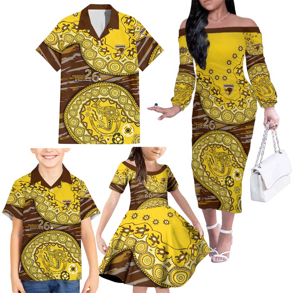 Hawthorn Hawks NAIDOC Week 2026 Family Matching Off The Shoulder Long Sleeve Dress and Hawaiian Shirt Australian Aboriginal Dot Art Dreamtime Pattern Style