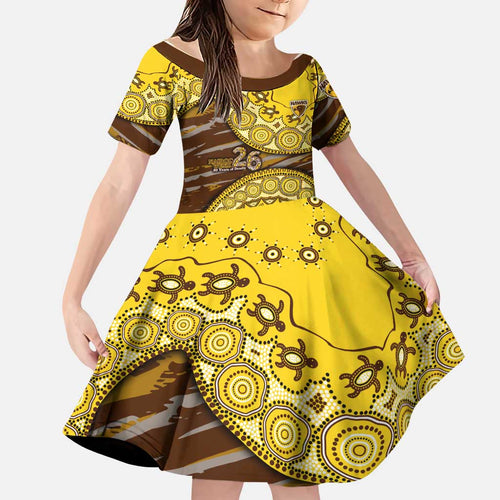 Hawthorn Hawks NAIDOC Week 2026 Family Matching Off The Shoulder Long Sleeve Dress and Hawaiian Shirt Australian Aboriginal Dot Art Dreamtime Pattern Style