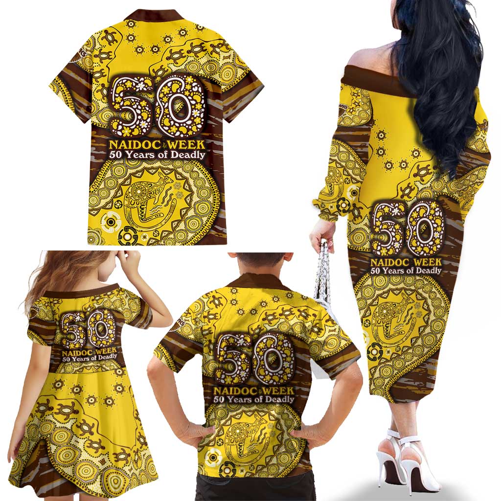 Hawthorn Hawks NAIDOC Week 2026 Family Matching Off The Shoulder Long Sleeve Dress and Hawaiian Shirt Australian Aboriginal Dot Art Dreamtime Pattern Style