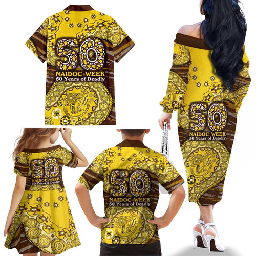 Hawthorn Hawks NAIDOC Week 2026 Family Matching Off The Shoulder Long Sleeve Dress and Hawaiian Shirt Australian Aboriginal Dot Art Dreamtime Pattern Style