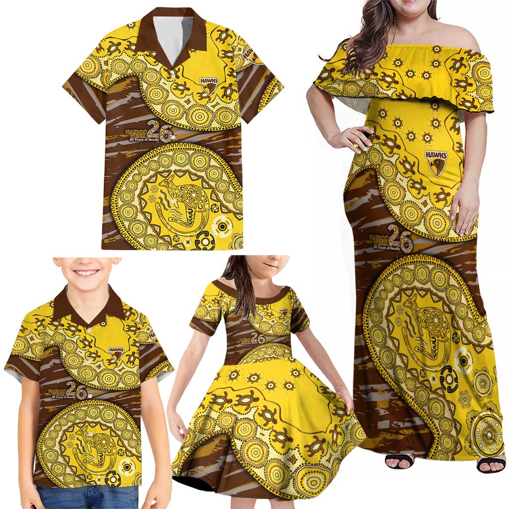Hawthorn Hawks NAIDOC Week 2026 Family Matching Off Shoulder Maxi Dress and Hawaiian Shirt Australian Aboriginal Dot Art Dreamtime Pattern Style