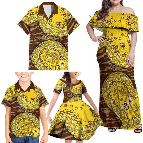 Hawthorn Hawks NAIDOC Week 2026 Family Matching Off Shoulder Maxi Dress and Hawaiian Shirt Australian Aboriginal Dot Art Dreamtime Pattern Style