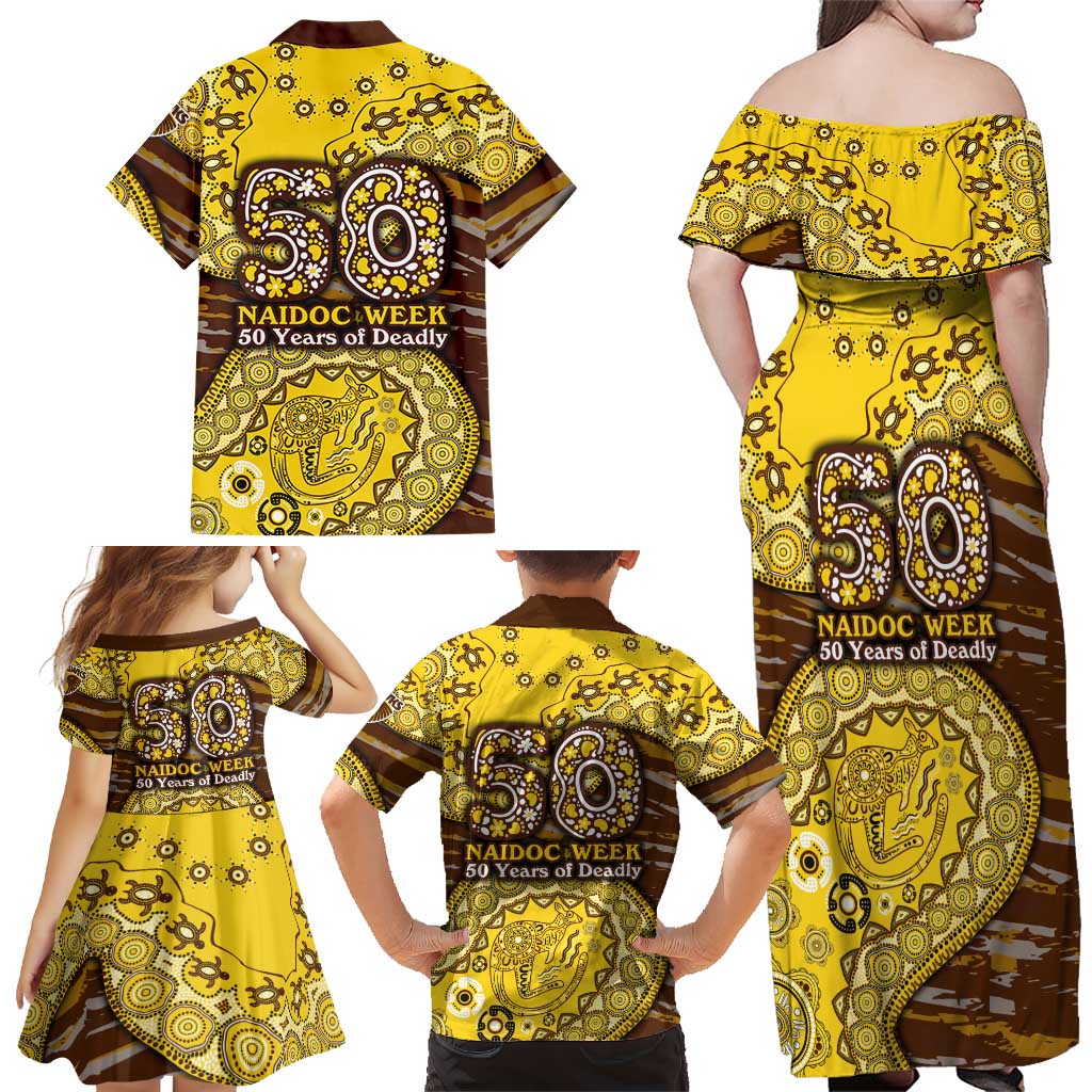 Hawthorn Hawks NAIDOC Week 2026 Family Matching Off Shoulder Maxi Dress and Hawaiian Shirt Australian Aboriginal Dot Art Dreamtime Pattern Style