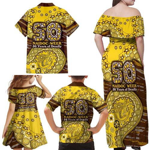 Hawthorn Hawks NAIDOC Week 2026 Family Matching Off Shoulder Maxi Dress and Hawaiian Shirt Australian Aboriginal Dot Art Dreamtime Pattern Style