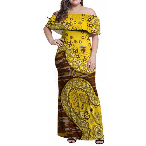 Hawthorn Hawks NAIDOC Week 2026 Family Matching Off Shoulder Maxi Dress and Hawaiian Shirt Australian Aboriginal Dot Art Dreamtime Pattern Style