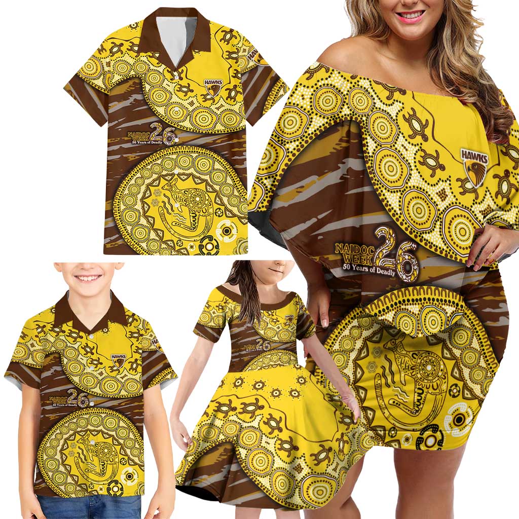 Hawthorn Hawks NAIDOC Week 2026 Family Matching Off Shoulder Short Dress and Hawaiian Shirt Australian Aboriginal Dot Art Dreamtime Pattern Style