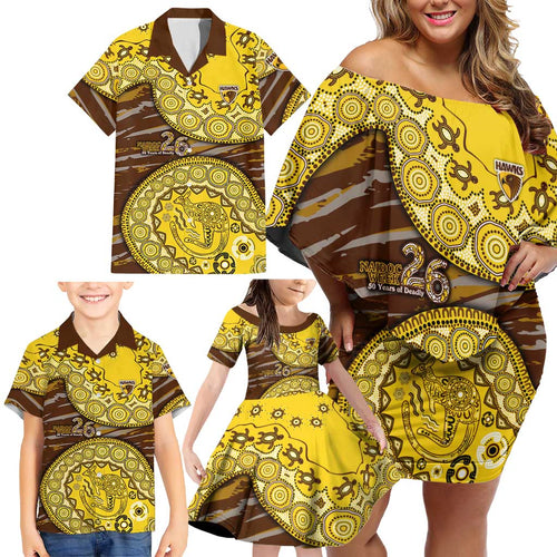 Hawthorn Hawks NAIDOC Week 2026 Family Matching Off Shoulder Short Dress and Hawaiian Shirt Australian Aboriginal Dot Art Dreamtime Pattern Style