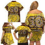 Hawthorn Hawks NAIDOC Week 2026 Family Matching Off Shoulder Short Dress and Hawaiian Shirt Australian Aboriginal Dot Art Dreamtime Pattern Style