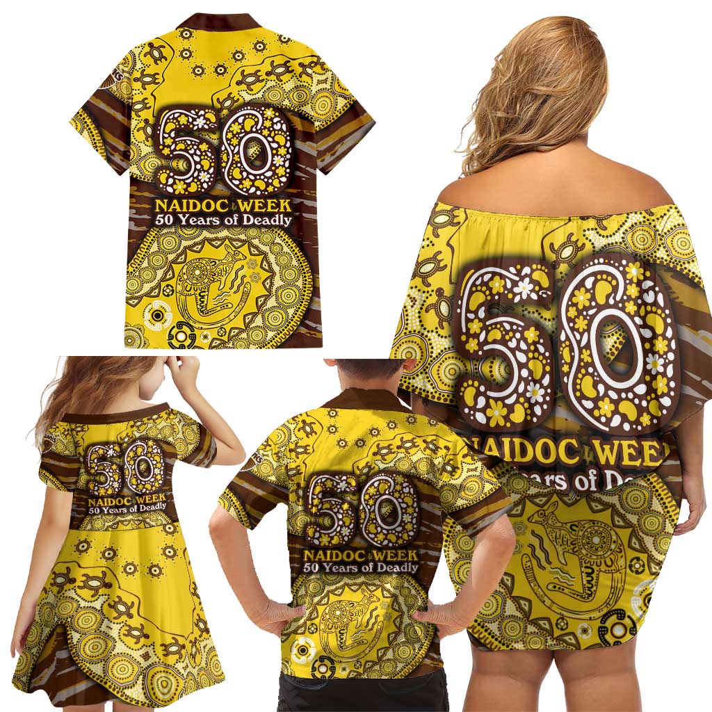 Hawthorn Hawks NAIDOC Week 2026 Family Matching Off Shoulder Short Dress and Hawaiian Shirt Australian Aboriginal Dot Art Dreamtime Pattern Style