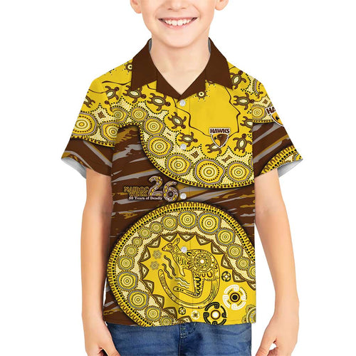 Hawthorn Hawks NAIDOC Week 2026 Family Matching Off Shoulder Short Dress and Hawaiian Shirt Australian Aboriginal Dot Art Dreamtime Pattern Style