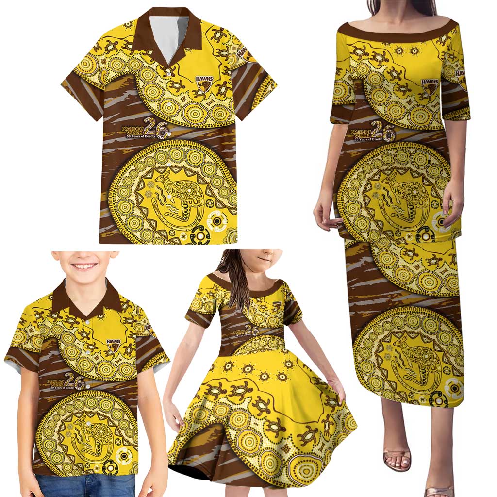 Hawthorn Hawks NAIDOC Week 2026 Family Matching Puletasi and Hawaiian Shirt Australian Aboriginal Dot Art Dreamtime Pattern Style