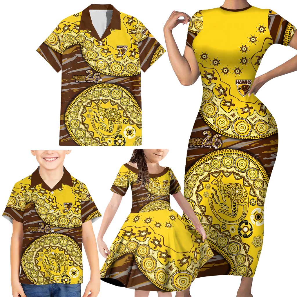Hawthorn Hawks NAIDOC Week 2026 Family Matching Short Sleeve Bodycon Dress and Hawaiian Shirt Australian Aboriginal Dot Art Dreamtime Pattern Style