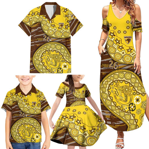 Hawthorn Hawks NAIDOC Week 2026 Family Matching Summer Maxi Dress and Hawaiian Shirt Australian Aboriginal Dot Art Dreamtime Pattern Style
