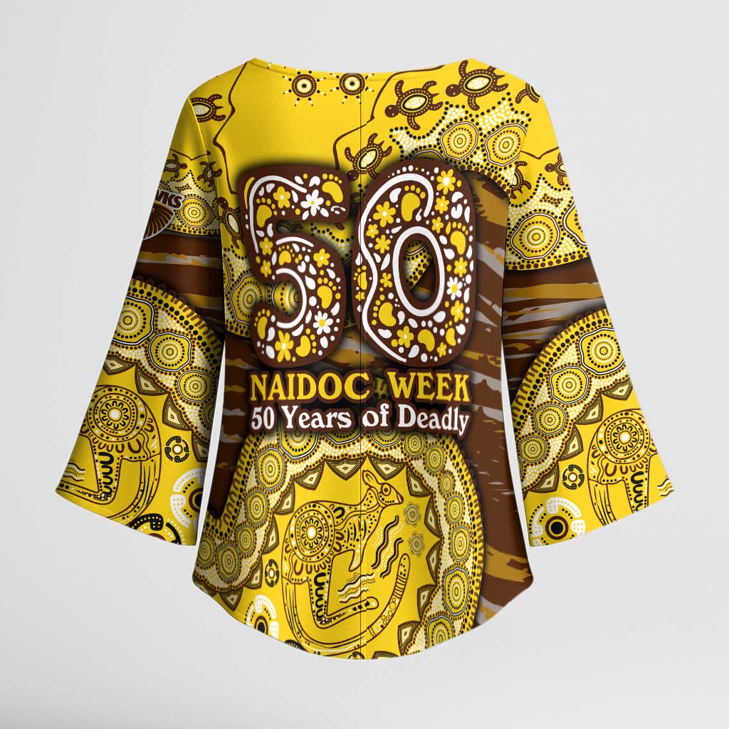 Hawthorn Hawks NAIDOC Week 2026 Kimono Sleeve Blouse Australian Aboriginal Dot Art Dreamtime Pattern Style