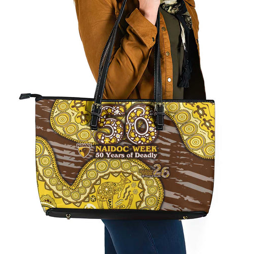 Hawthorn Hawks NAIDOC Week 2026 Leather Tote Bag Australian Aboriginal Dot Art Dreamtime Pattern Style