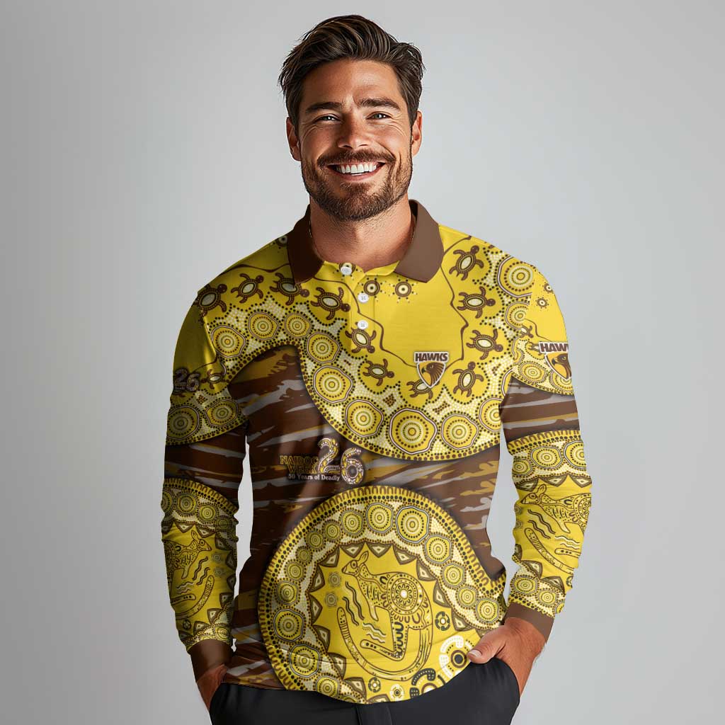 Hawthorn Hawks NAIDOC Week 2026 Long Sleeve Polo Shirt Australian Aboriginal Dot Art Dreamtime Pattern Style