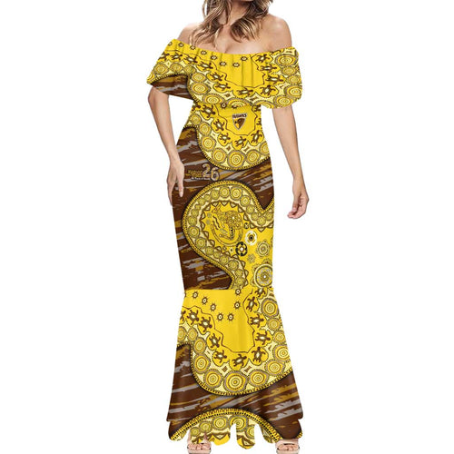 Hawthorn Hawks NAIDOC Week 2026 Mermaid Dress Australian Aboriginal Dot Art Dreamtime Pattern Style