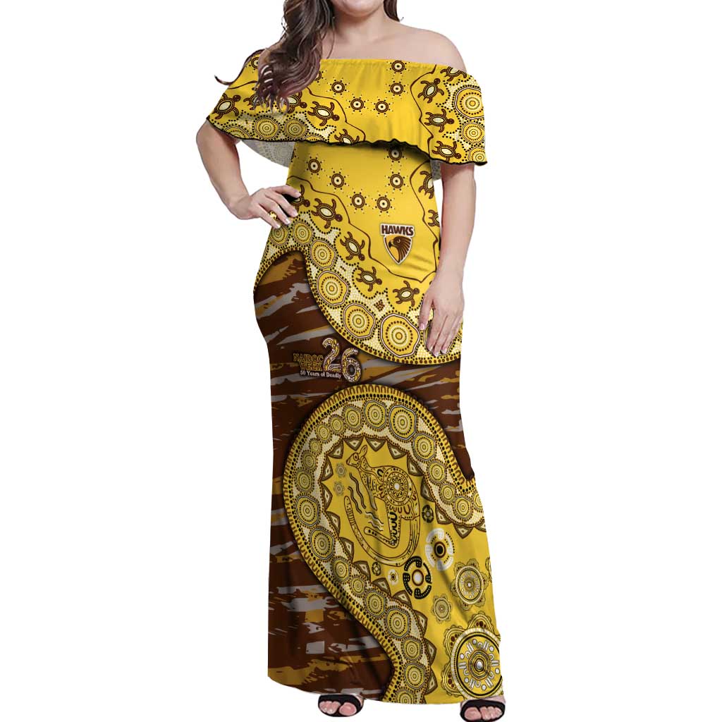 Hawthorn Hawks NAIDOC Week 2026 Off Shoulder Maxi Dress Australian Aboriginal Dot Art Dreamtime Pattern Style