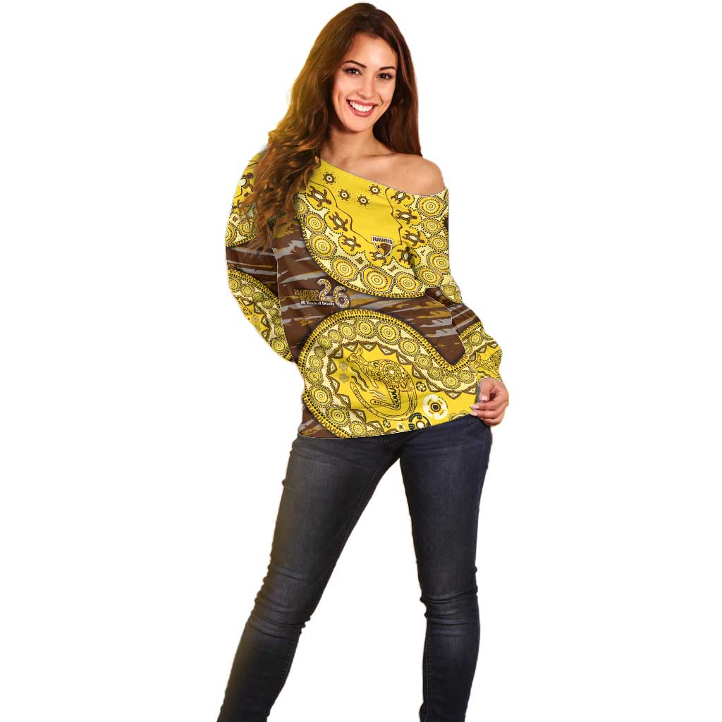 Hawthorn Hawks NAIDOC Week 2026 Off Shoulder Sweater Australian Aboriginal Dot Art Dreamtime Pattern Style